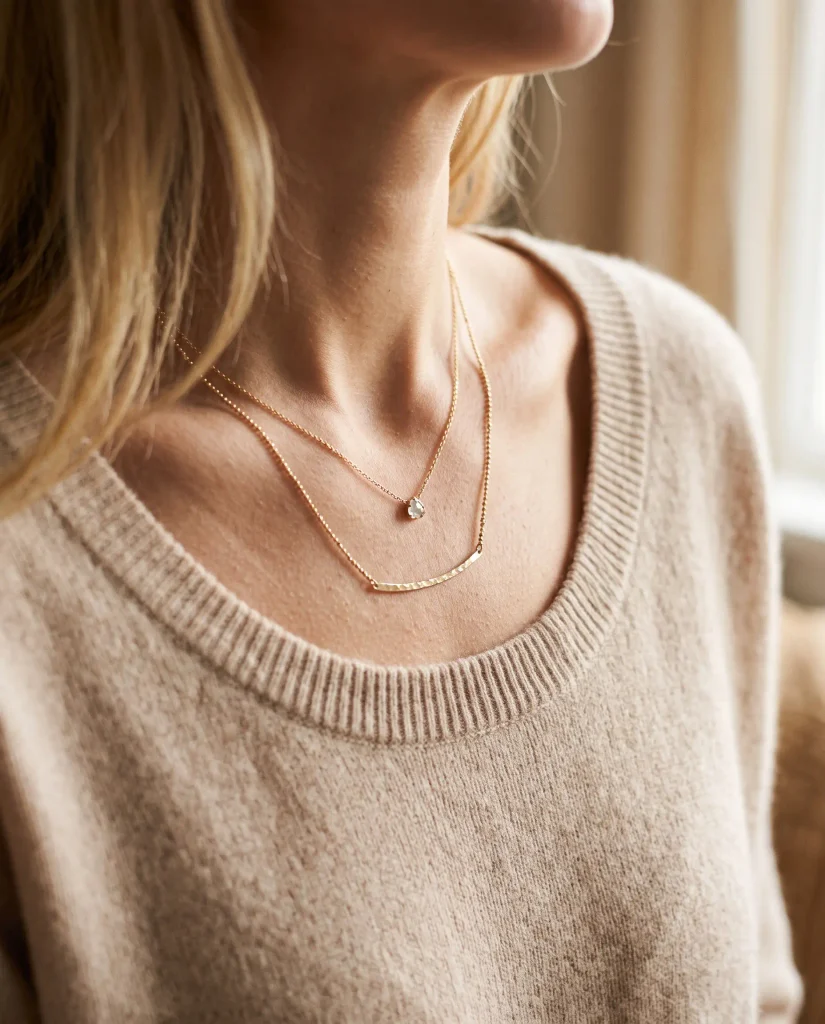 7 Iconic Wardrobe Pieces Every Independent Woman Needs minimalist gold jewelry and cashmere sweater quiet luxury
