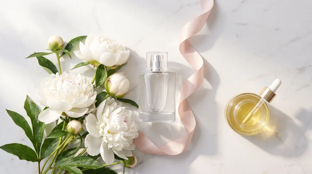 quiet luxury perfume bottle flatlay