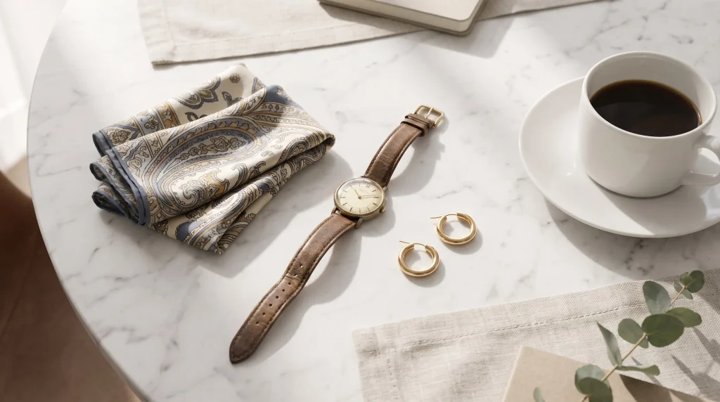 quiet luxury signature accessories flatlay